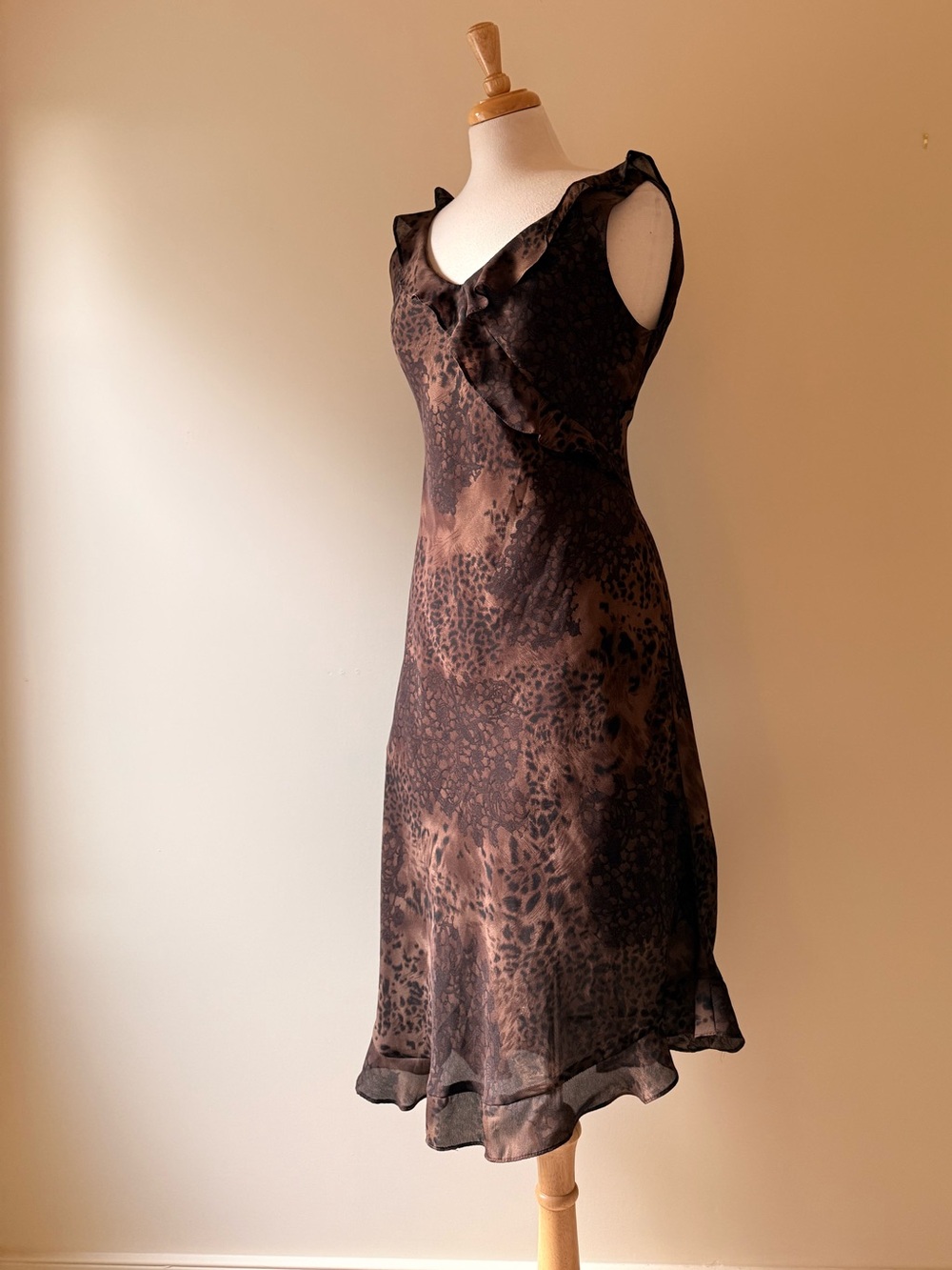 Vintage Jolibel Brown Animal Print Ruffle Midi Dress